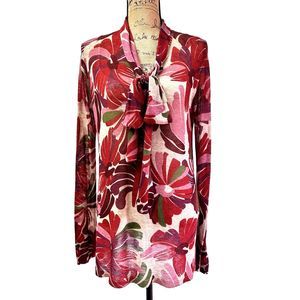 SIYU Women Feminine Sweater SZ 6 Long Extrafine Merino Wool Floral Burgundy Tie